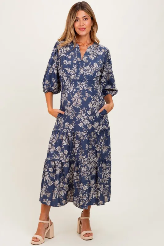 Blue Floral 3/4 Sleeve Smocked Waist Maternity Midi Dress sold by Pinkblush