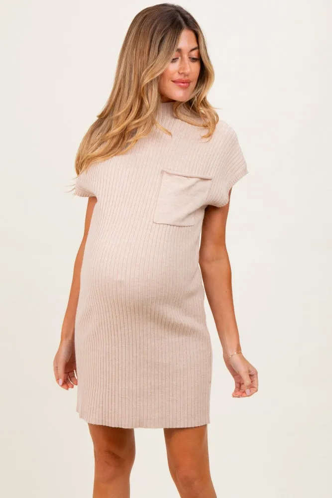 Beige Ribbed Knit Maternity Short Sleeve Sweater Dress sold by Pinkblush product image thumbnail 2