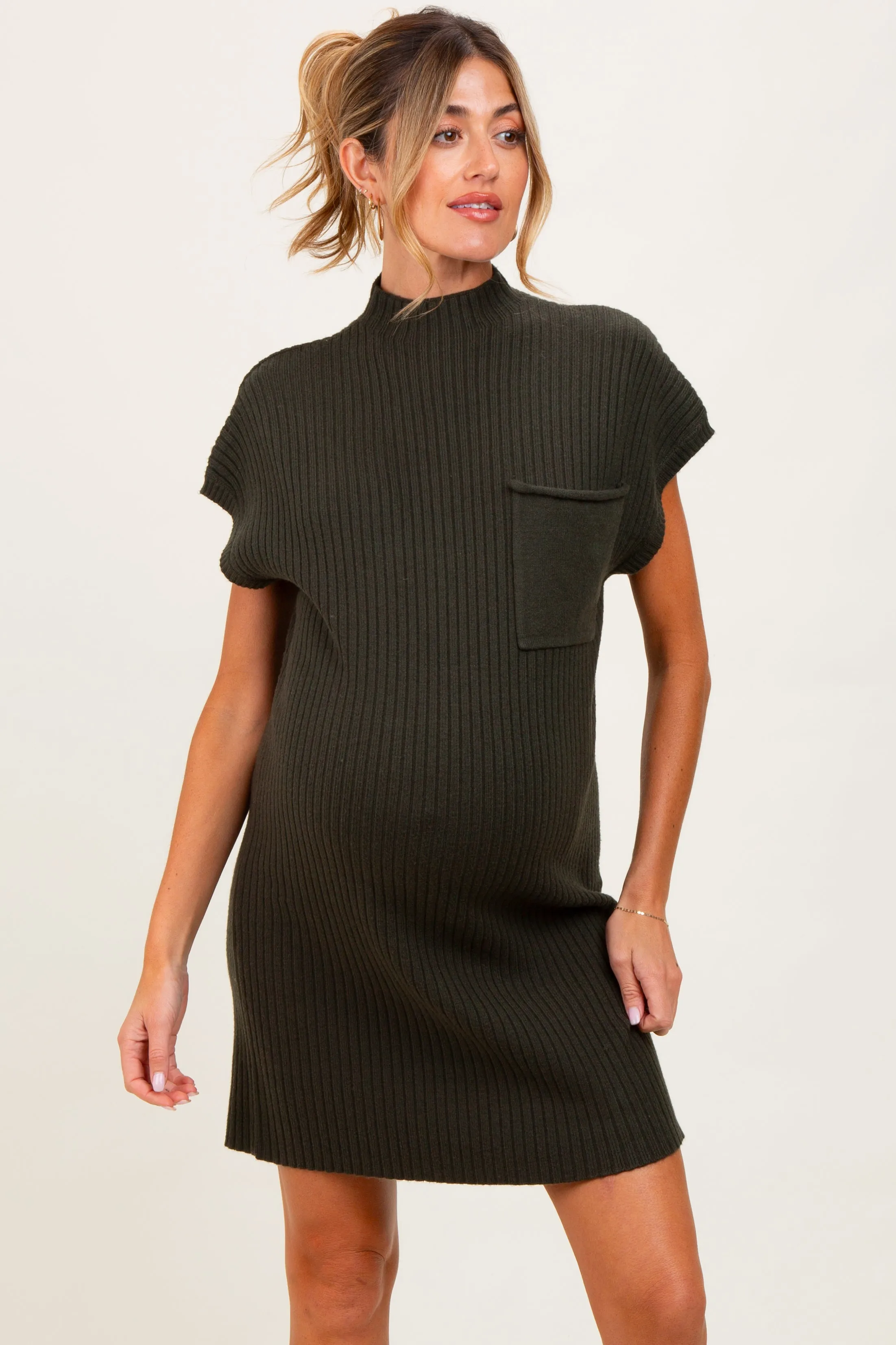Olive Ribbed Knit Maternity Short Sleeve Sweater Dress sold by Pinkblush product image thumbnail 2