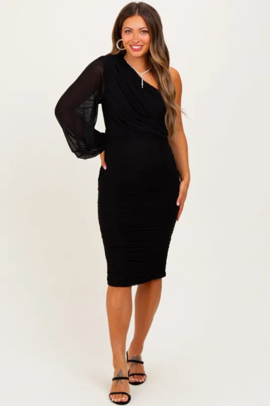 Black Ruched Mesh One Shoulder Long Sleeve Maternity Midi Dress sold by Pinkblush