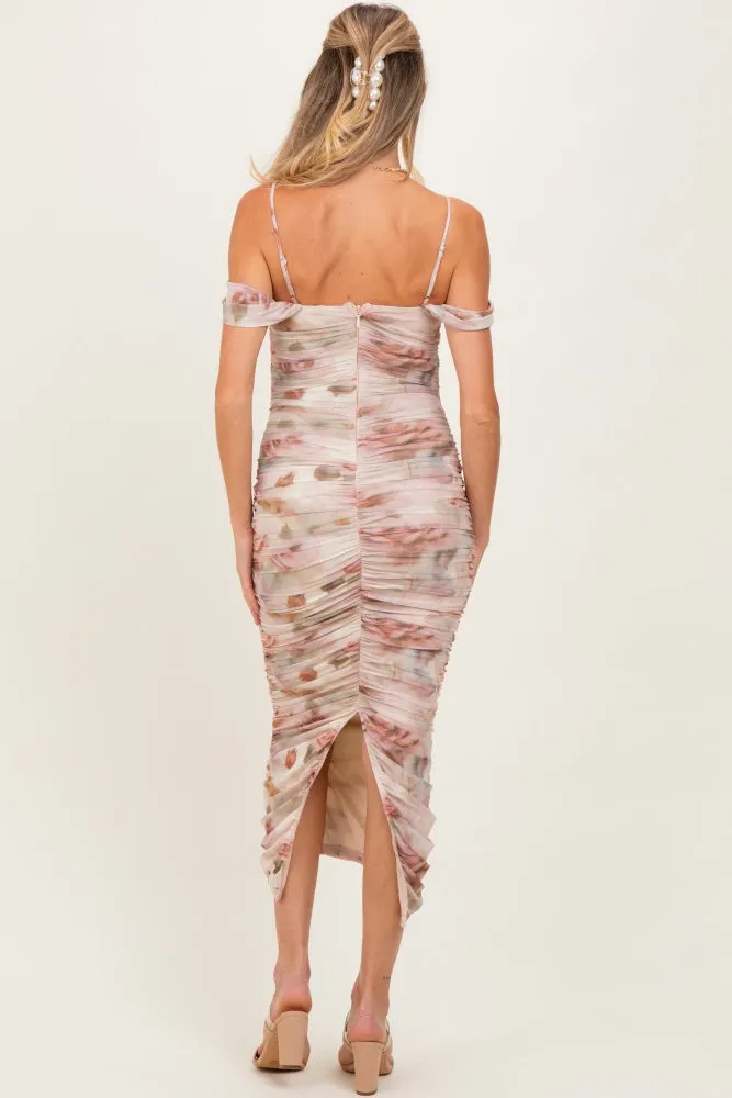 Cream Rose Floral Mesh Ruched Off Shoulder Maternity Midi Dress sold by Pinkblush product image thumbnail 4