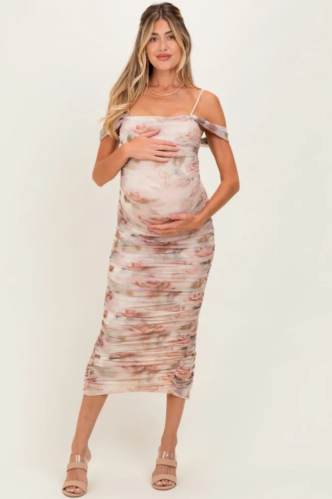 Cream Rose Floral Mesh Ruched Off Shoulder Maternity Midi Dress sold by Pinkblush