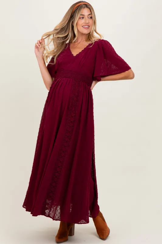 Burgundy Swiss Dot Crochet Lace Accent Maternity Maxi Dress sold by Pinkblush