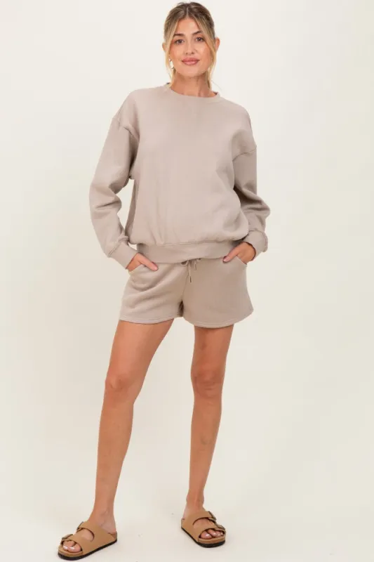 Beige Fleece Sweatshirt Shorts Maternity Set sold by Pinkblush