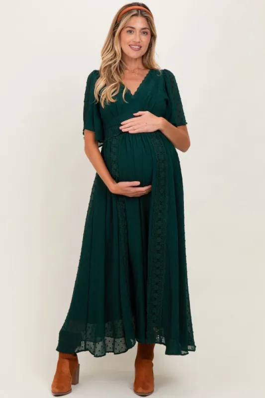 Forest Green Swiss Dot Crochet Lace Accent Maternity Maxi Dress sold by Pinkblush