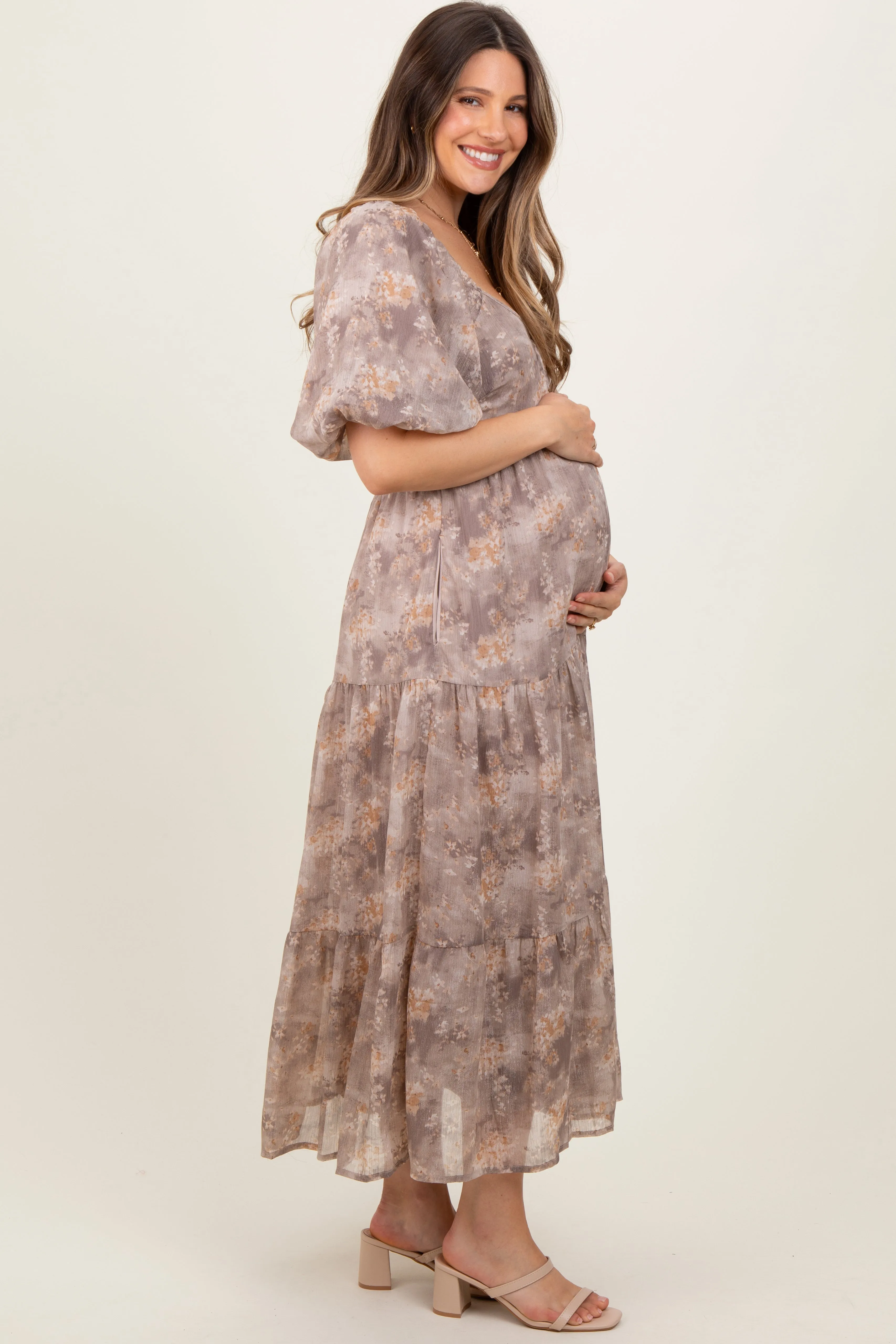 Light Taupe Watercolor Floral Puff Sleeve Tiered Maternity Maxi Dress sold by Pinkblush product image thumbnail 3