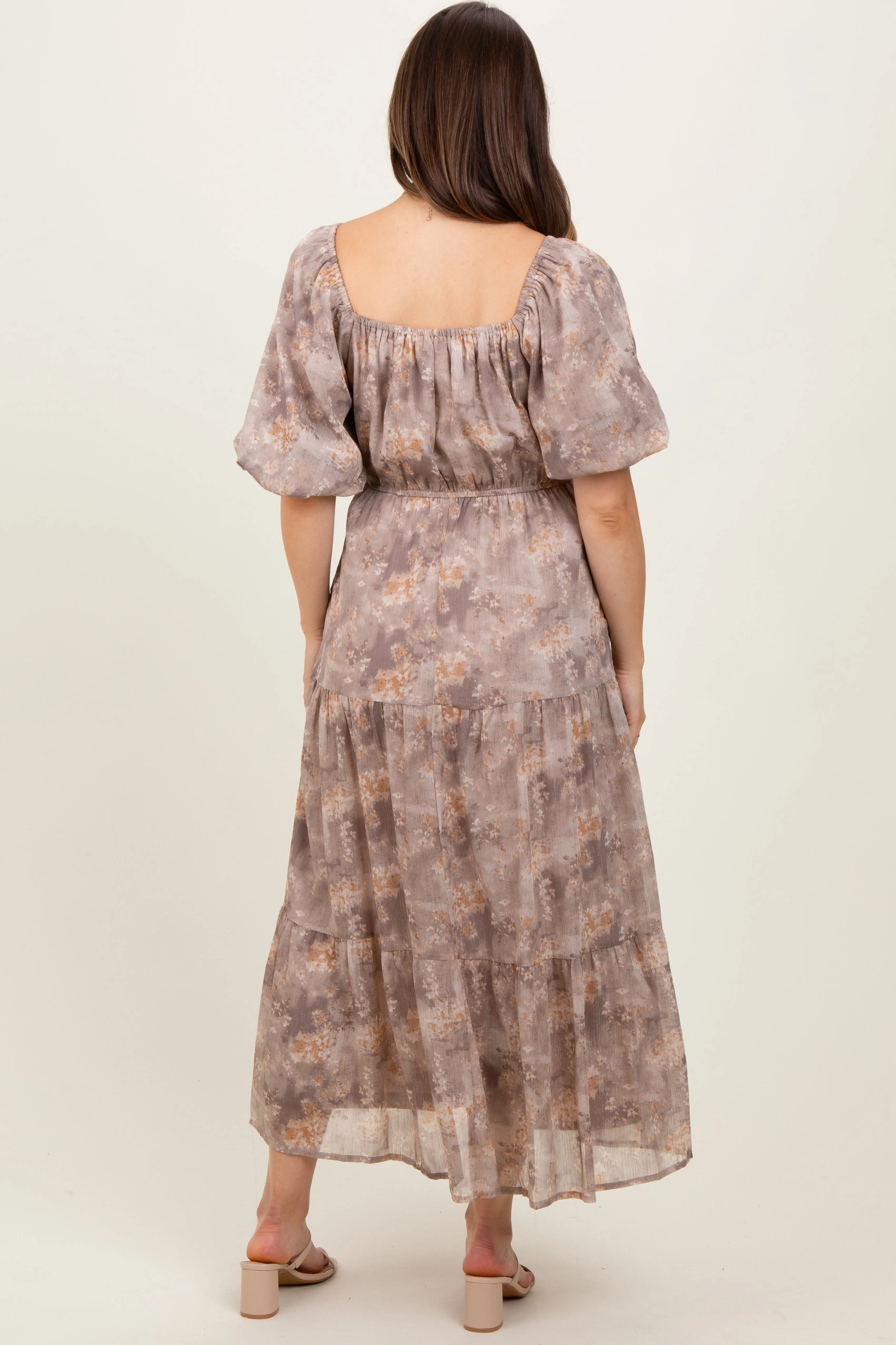 Light Taupe Watercolor Floral Puff Sleeve Tiered Maternity Maxi Dress sold by Pinkblush product image thumbnail 4