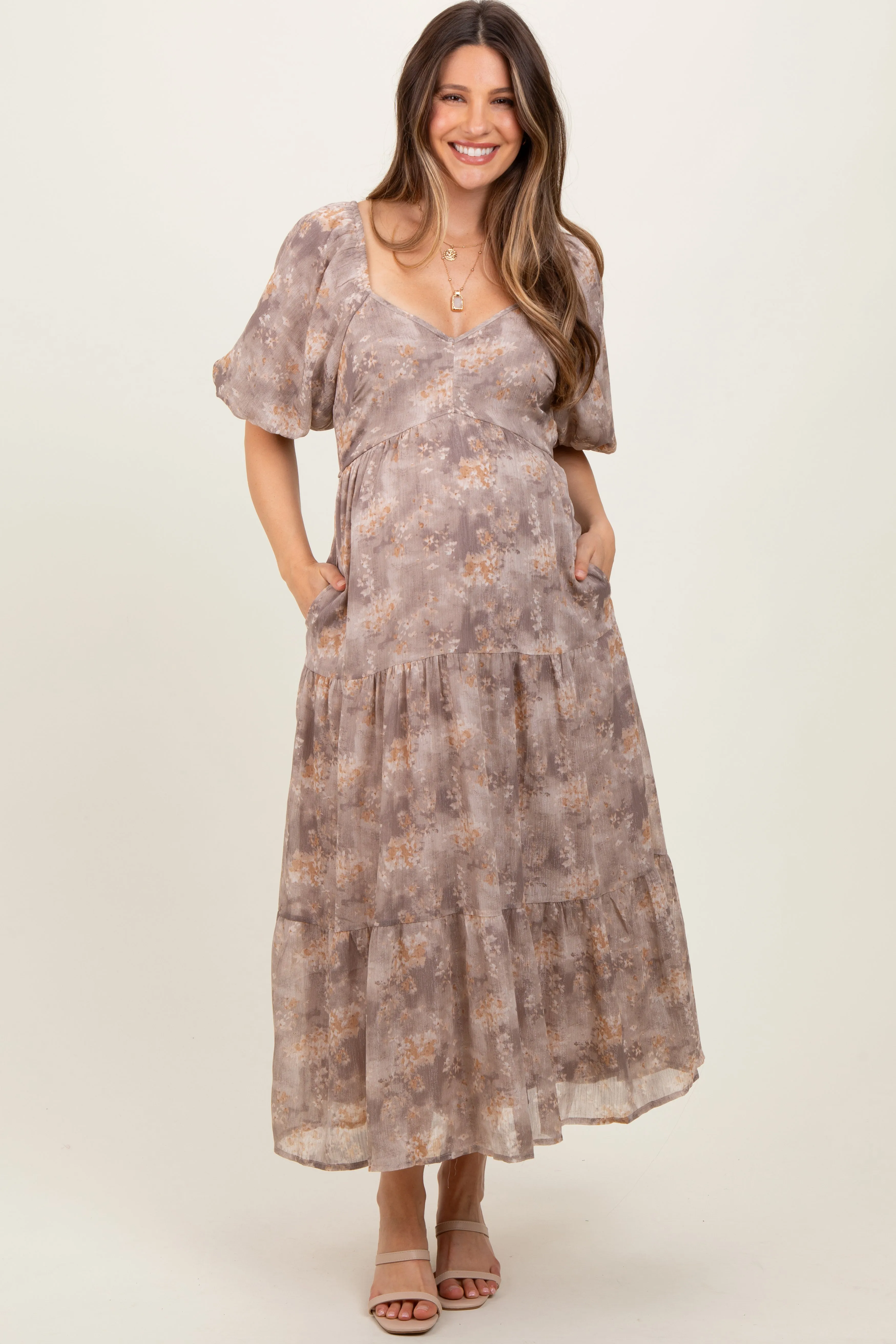 Light Taupe Watercolor Floral Puff Sleeve Tiered Maternity Maxi Dress sold by Pinkblush