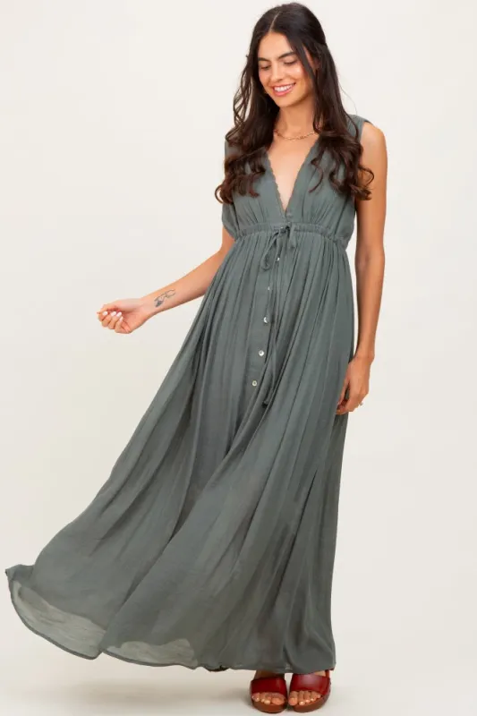 Olive Deep V-Neck Sleeveless Button Down Maxi Dress sold by Pinkblush