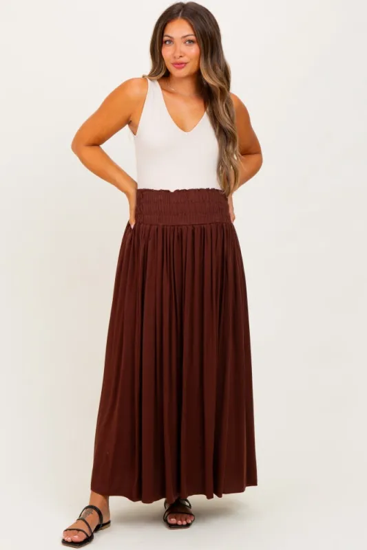 Brown Smocked Waistband Pleated Maternity Maxi Skirt sold by Pinkblush