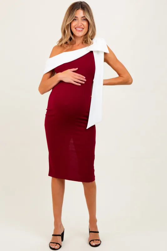 Burgundy Oversized Bow One Shoulder Maternity Midi Dress sold by Pinkblush