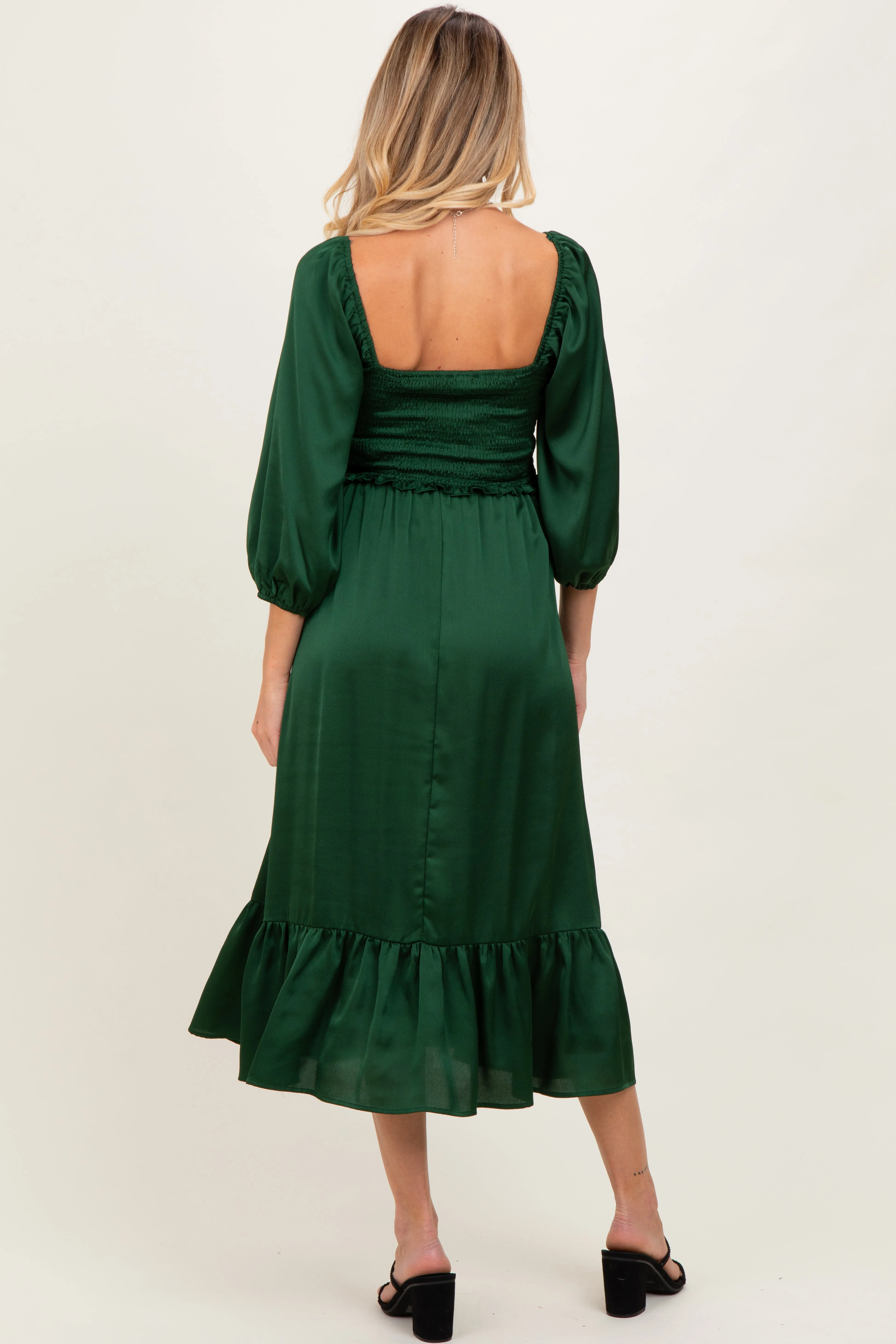 Green Satin Smocked Cinched Bust Maternity Midi Dress sold by Pinkblush product image thumbnail 3