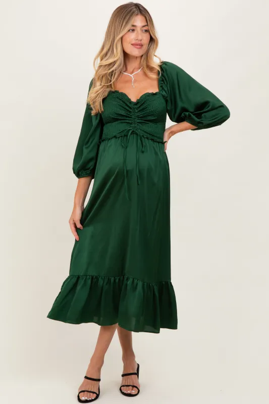 Green Satin Smocked Cinched Bust Maternity Midi Dress sold by Pinkblush