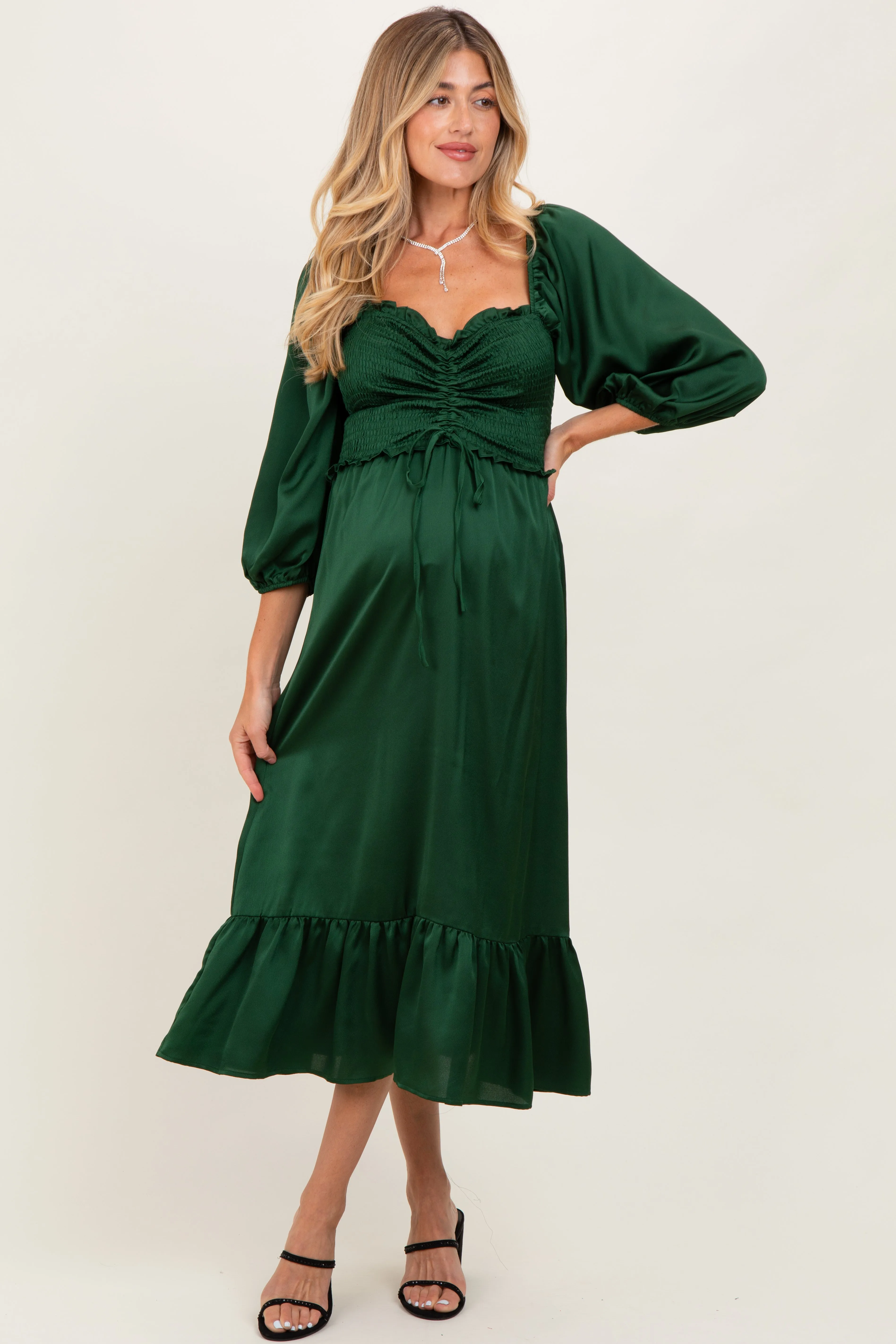 Green Satin Smocked Cinched Bust Maternity Midi Dress sold by Pinkblush