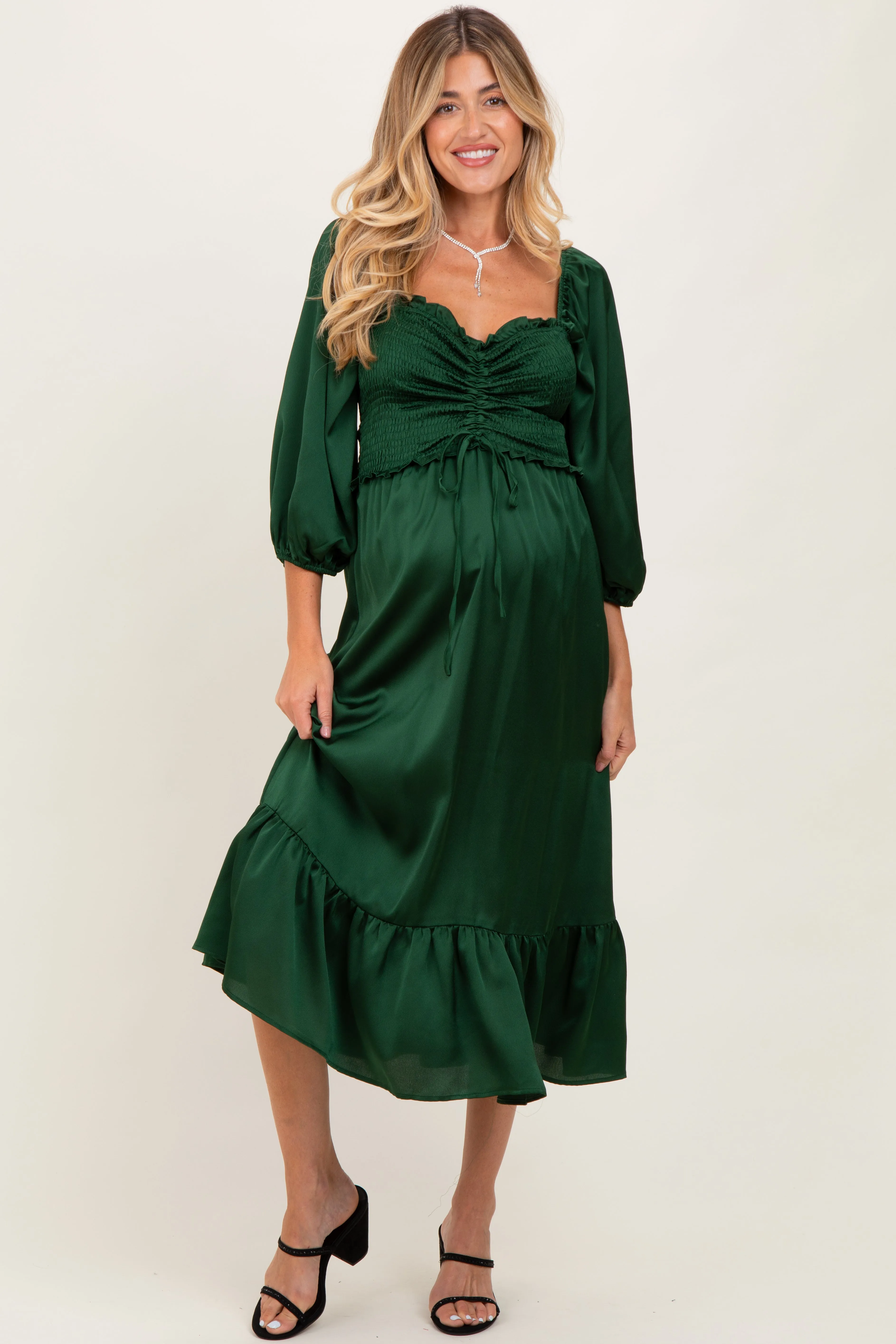 Green Satin Smocked Cinched Bust Maternity Midi Dress sold by Pinkblush product image thumbnail 2