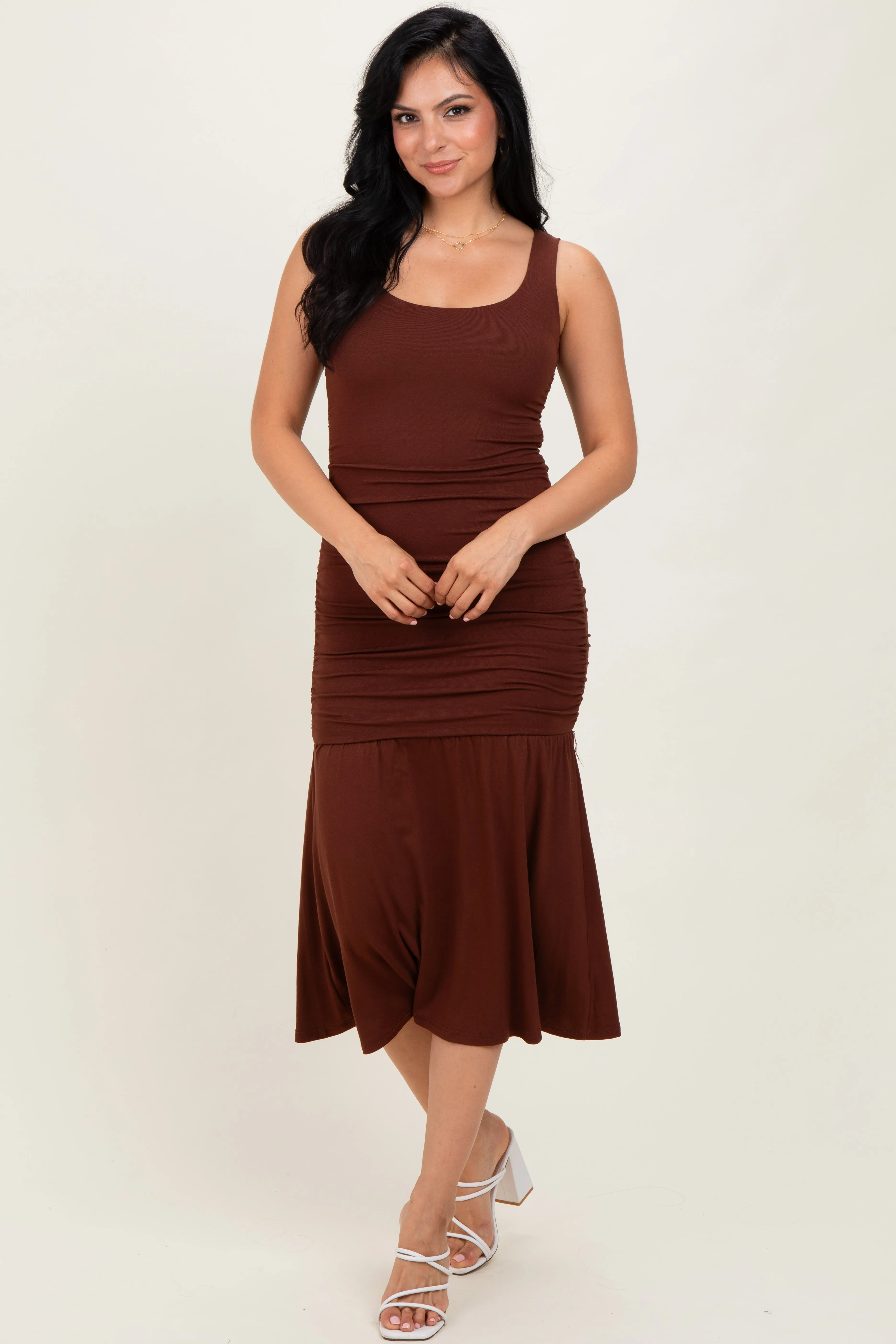Brown Ruched Drop Waist Sleeveless Midi Dress sold by Pinkblush product image thumbnail 2