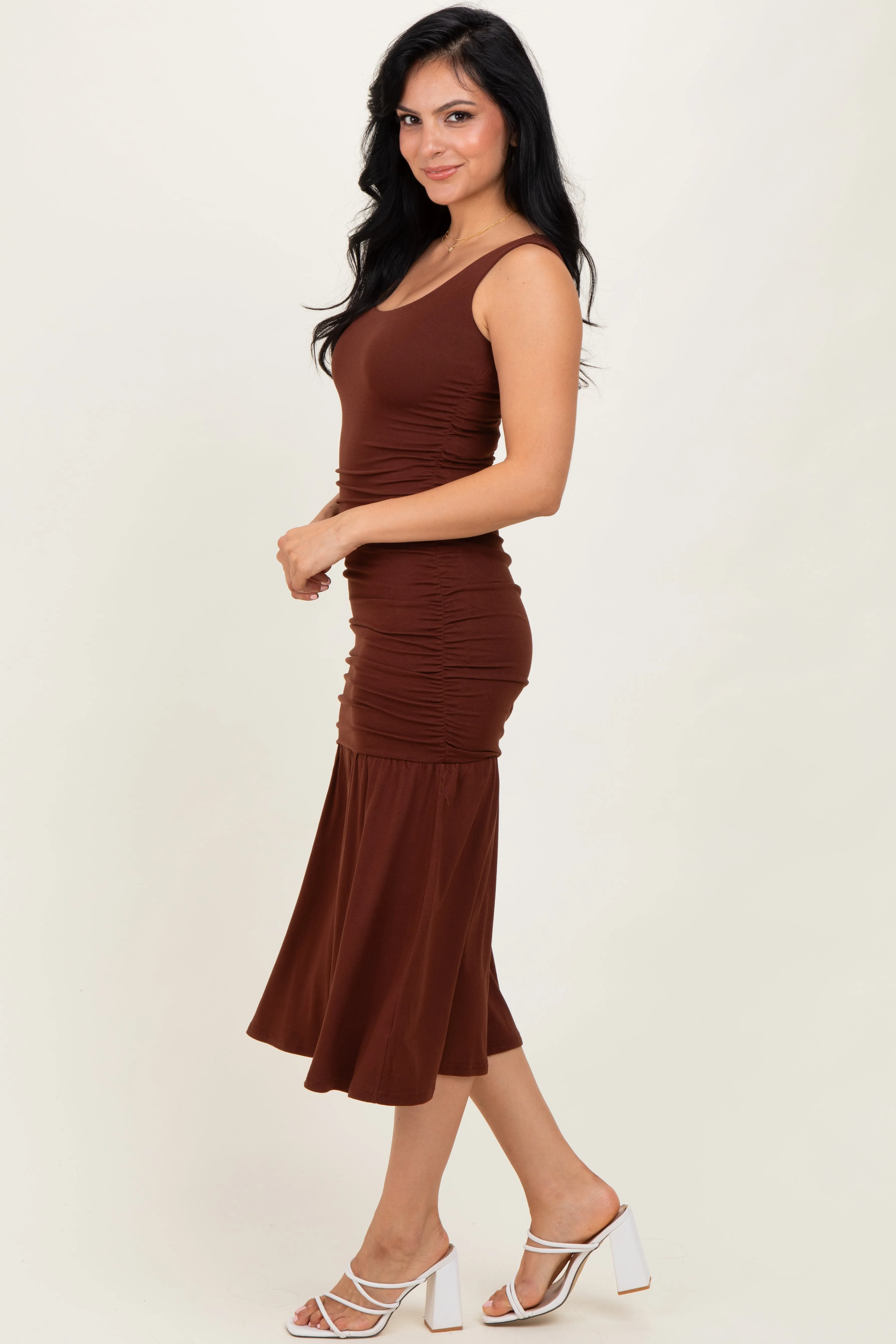 Brown Ruched Drop Waist Sleeveless Midi Dress sold by Pinkblush product image thumbnail 3