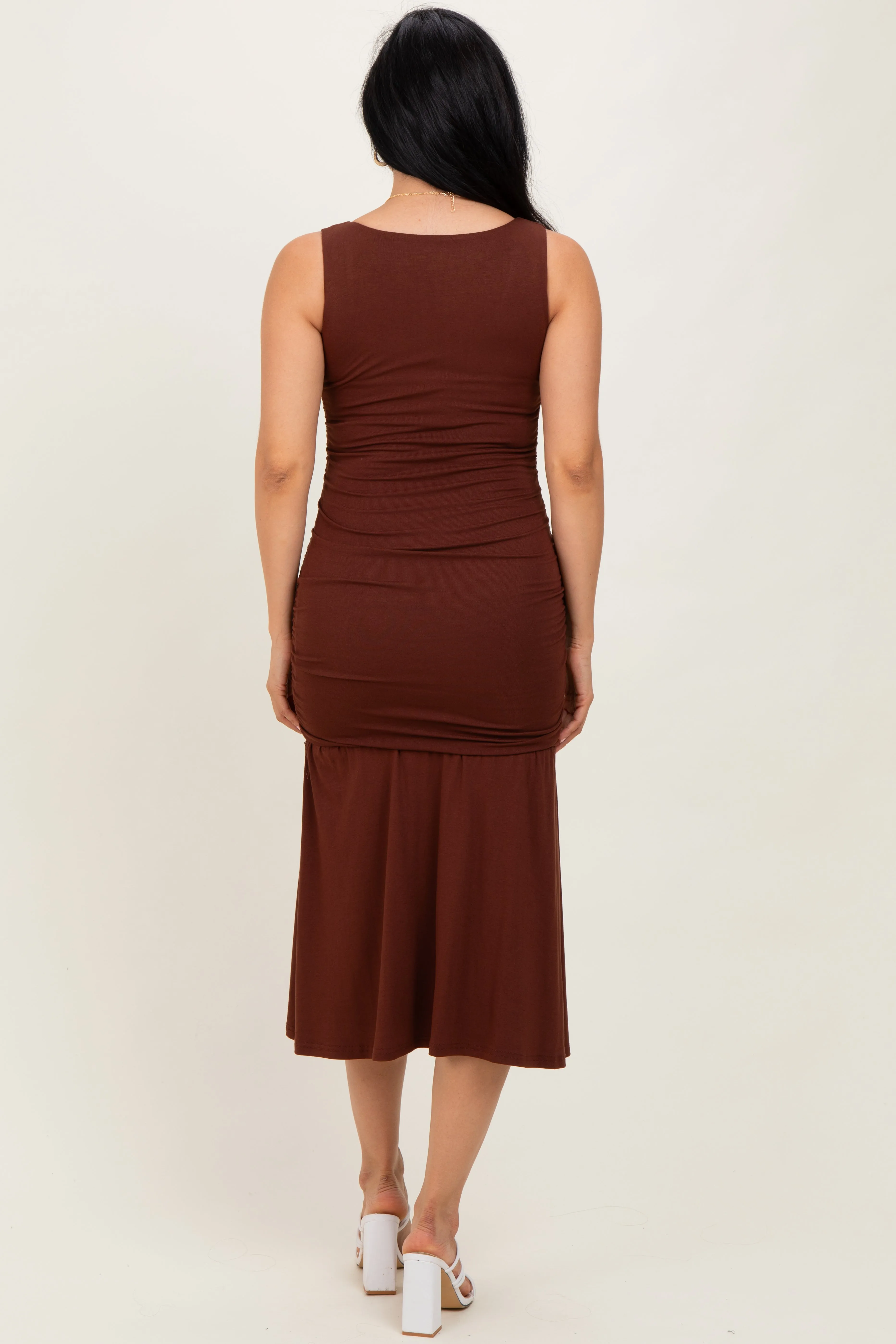 Brown Ruched Drop Waist Sleeveless Midi Dress sold by Pinkblush product image thumbnail 4