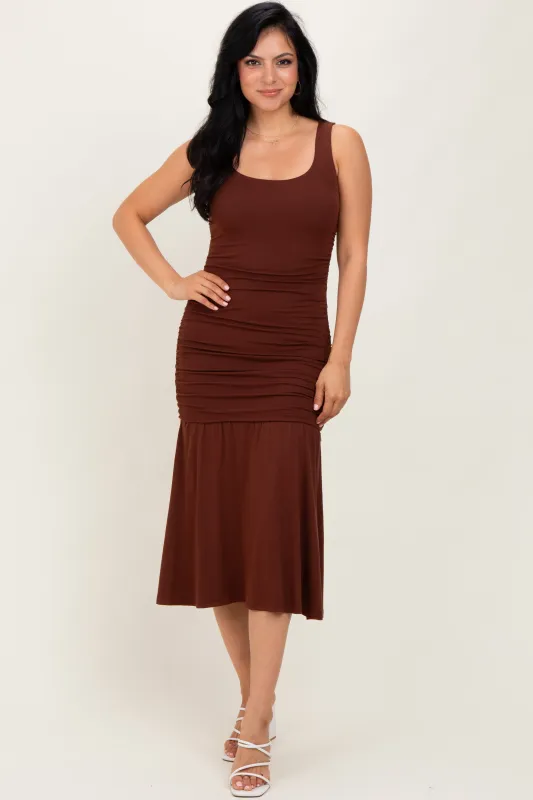 Brown Ruched Drop Waist Sleeveless Midi Dress sold by Pinkblush