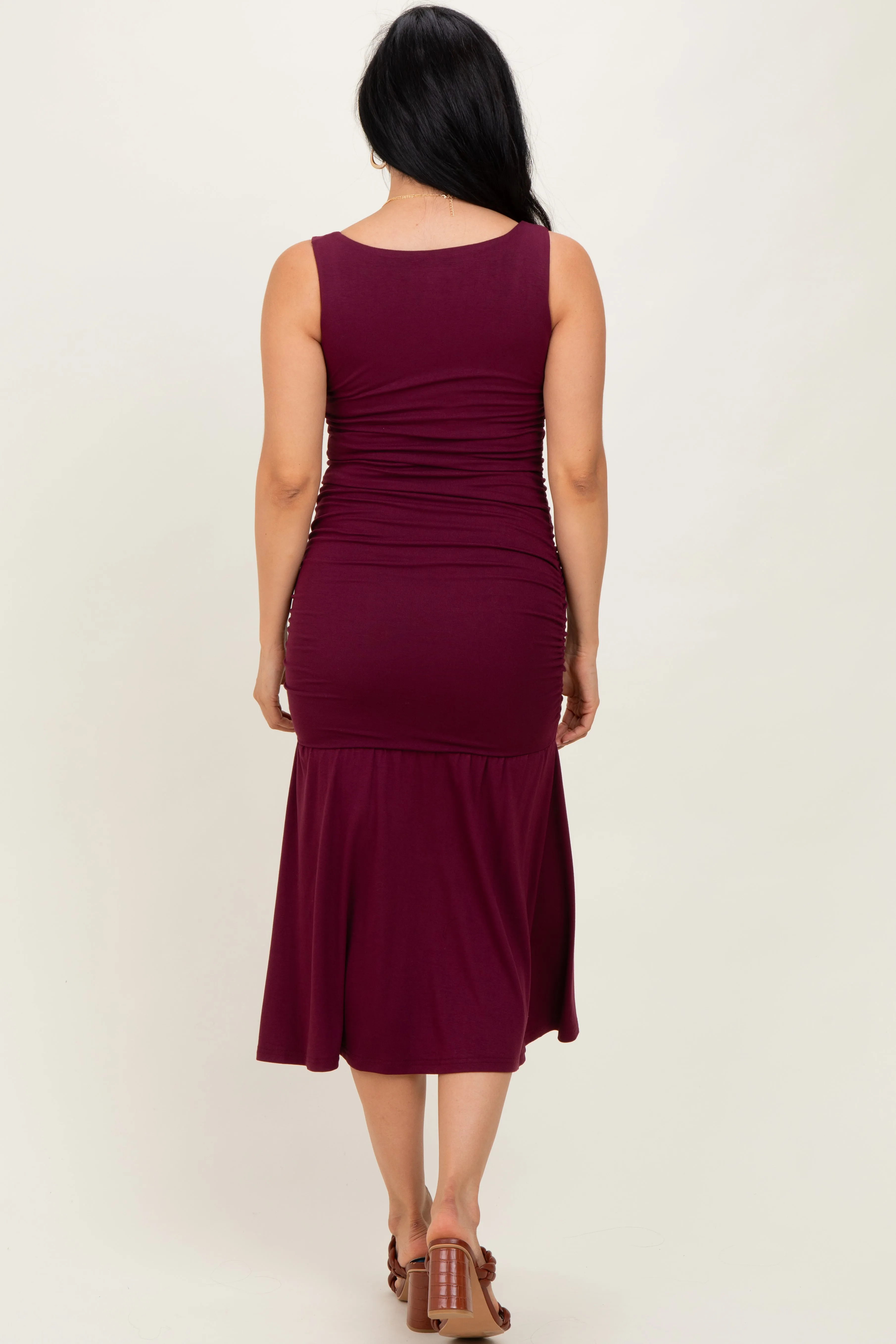 Burgundy Ruched Drop Waist Sleeveless Midi Dress sold by Pinkblush product image thumbnail 4