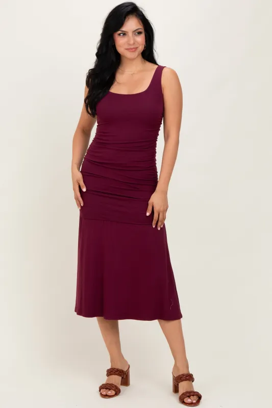 Burgundy Ruched Drop Waist Sleeveless Midi Dress sold by Pinkblush