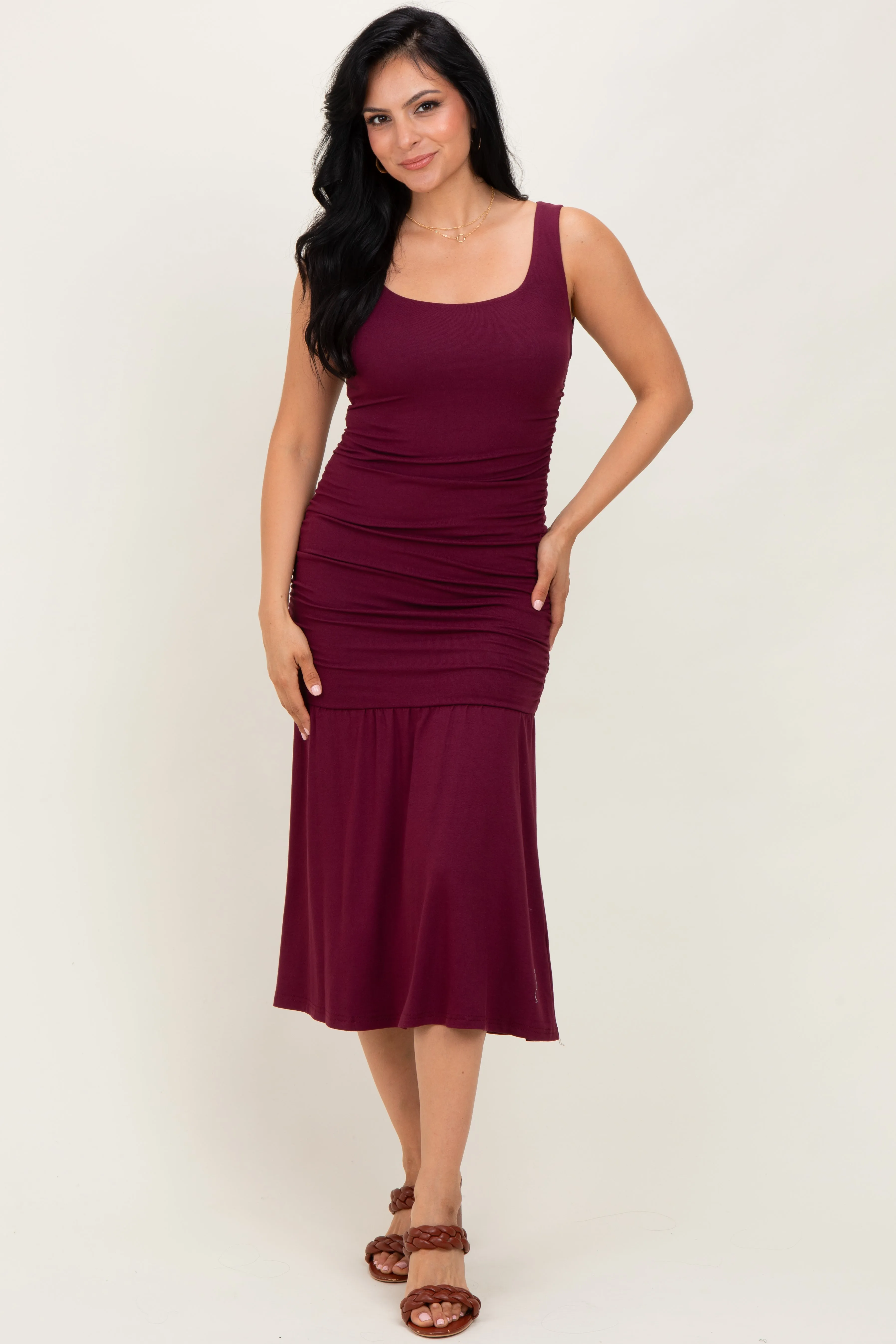 Burgundy Ruched Drop Waist Sleeveless Midi Dress sold by Pinkblush product image thumbnail 2