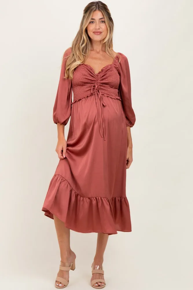 Mauve Satin Smocked Cinched Bust Maternity Midi Dress sold by Pinkblush