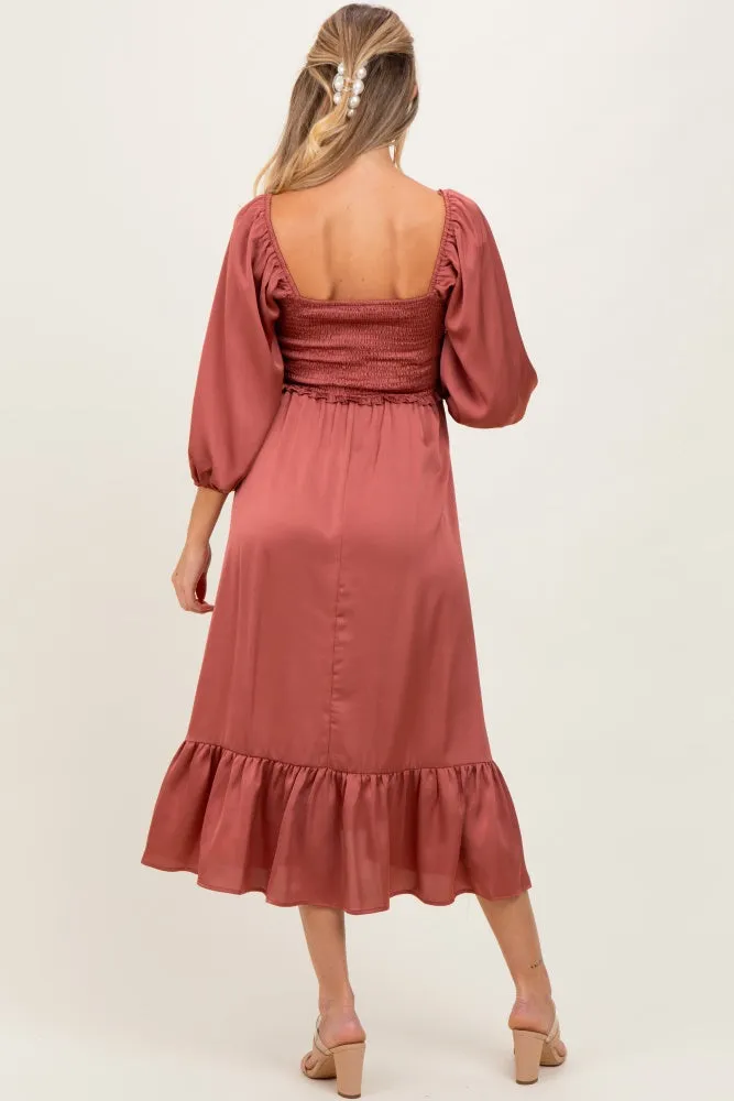 Mauve Satin Smocked Cinched Bust Maternity Midi Dress sold by Pinkblush product image thumbnail 2