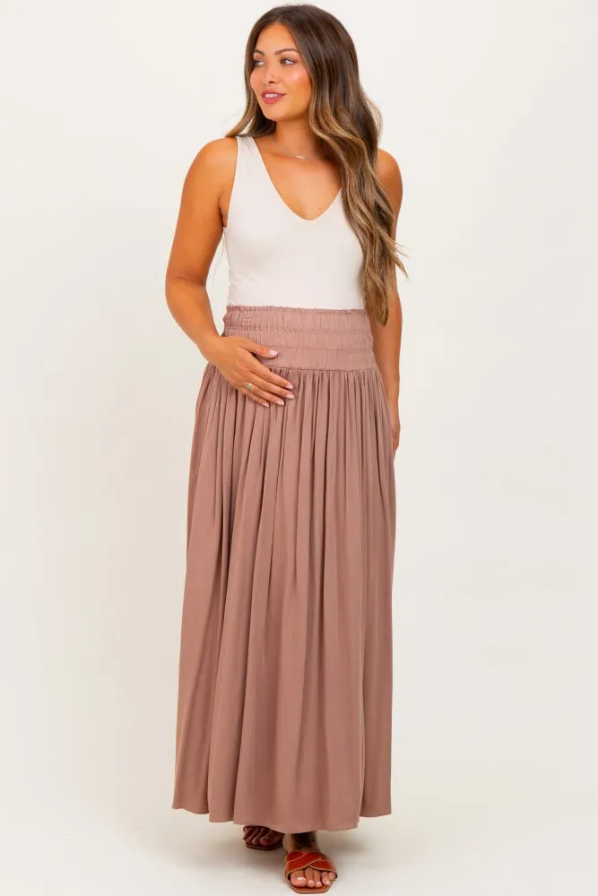 Mocha Smocked Waistband Pleated Maternity Maxi Skirt sold by Pinkblush