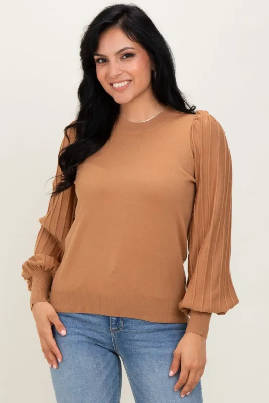 Mocha Ribbed Bubble Sleeve Knit Top sold by Pinkblush