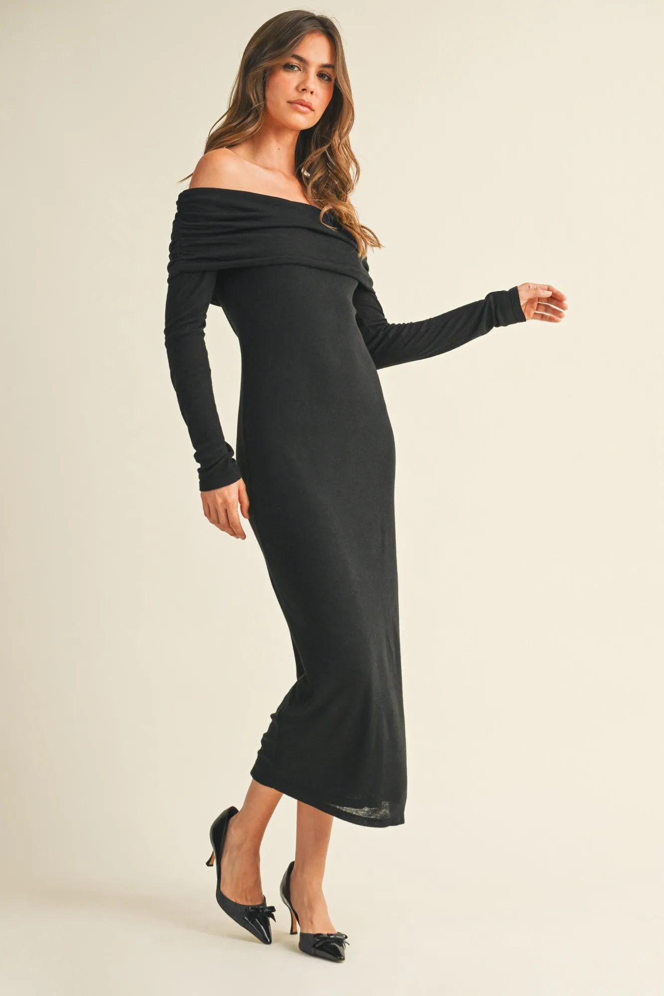 Black Off Shoulder Long Sleeve Maxi Dress sold by Pinkblush product image thumbnail 2
