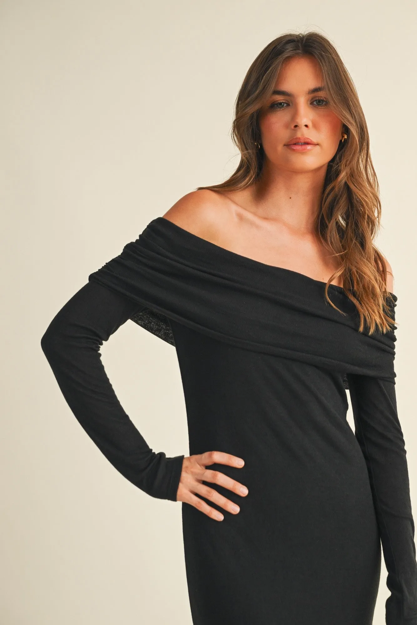 Black Off Shoulder Long Sleeve Maxi Dress sold by Pinkblush product image thumbnail 4