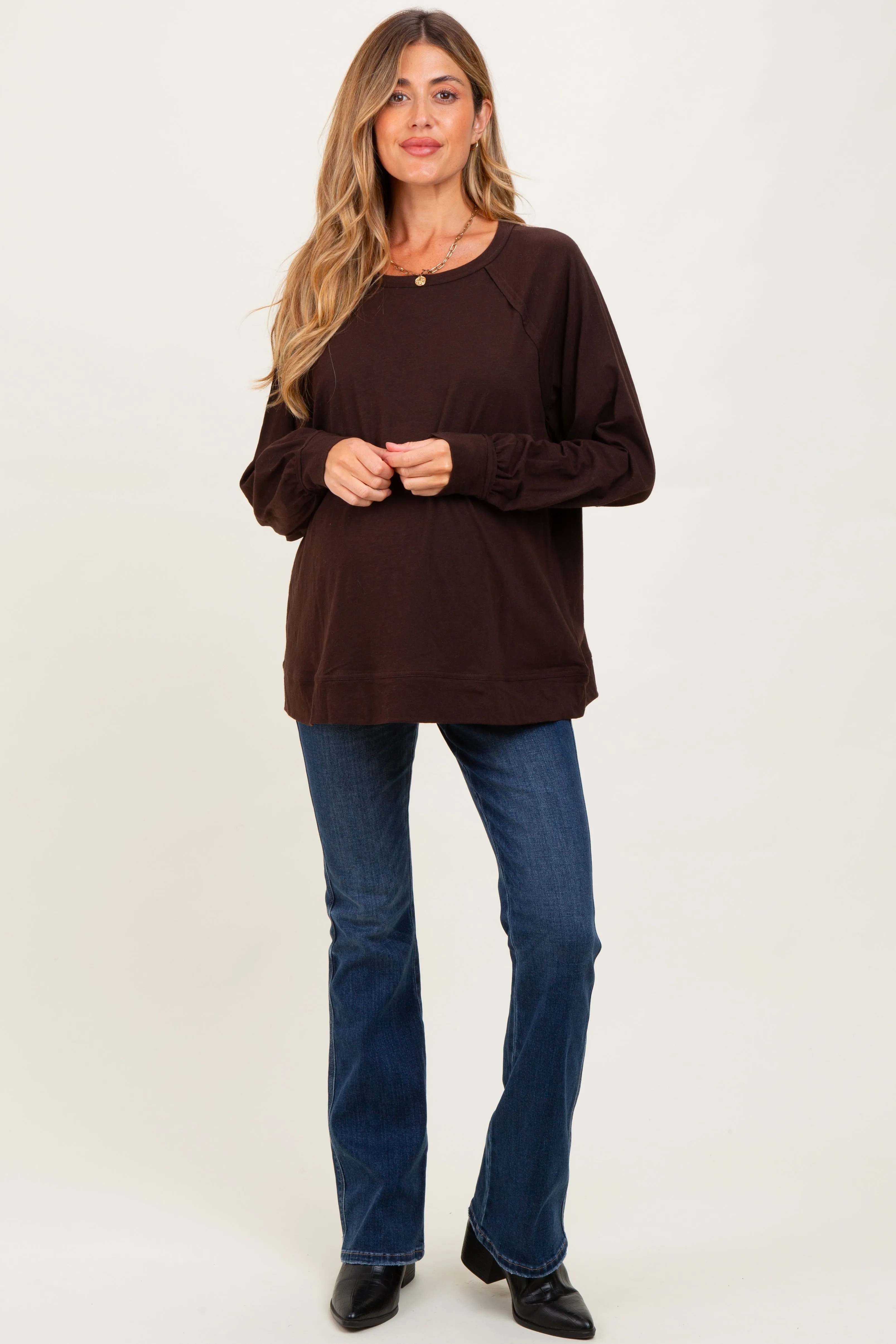 Brown Oversized Cotton Slub Long Sleeve Maternity Top sold by Pinkblush product image thumbnail 2