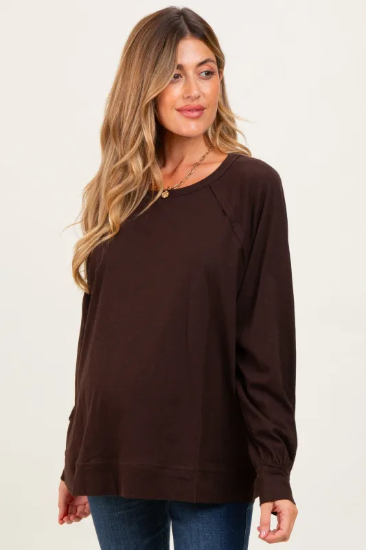 Brown Oversized Cotton Slub Long Sleeve Maternity Top sold by Pinkblush