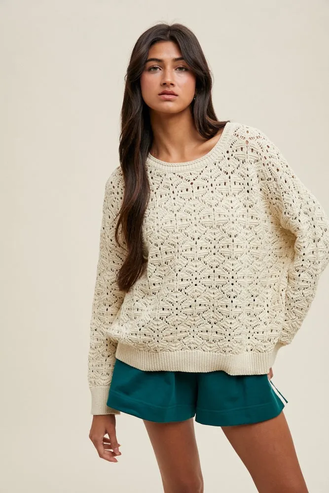 Cream Crochet Knit Drop Shoulder Sweater sold by Pinkblush