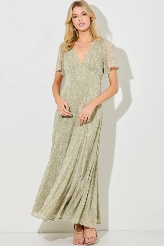 Light Olive Floral Chiffon V-Neck Maxi Dress sold by Pinkblush