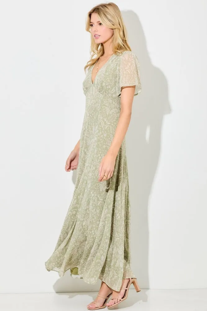 Light Olive Floral Chiffon V-Neck Maxi Dress sold by Pinkblush product image thumbnail 2