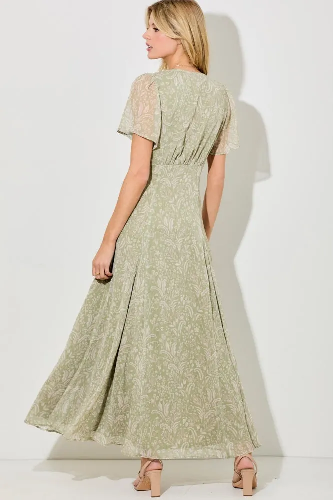 Light Olive Floral Chiffon V-Neck Maxi Dress sold by Pinkblush product image thumbnail 3
