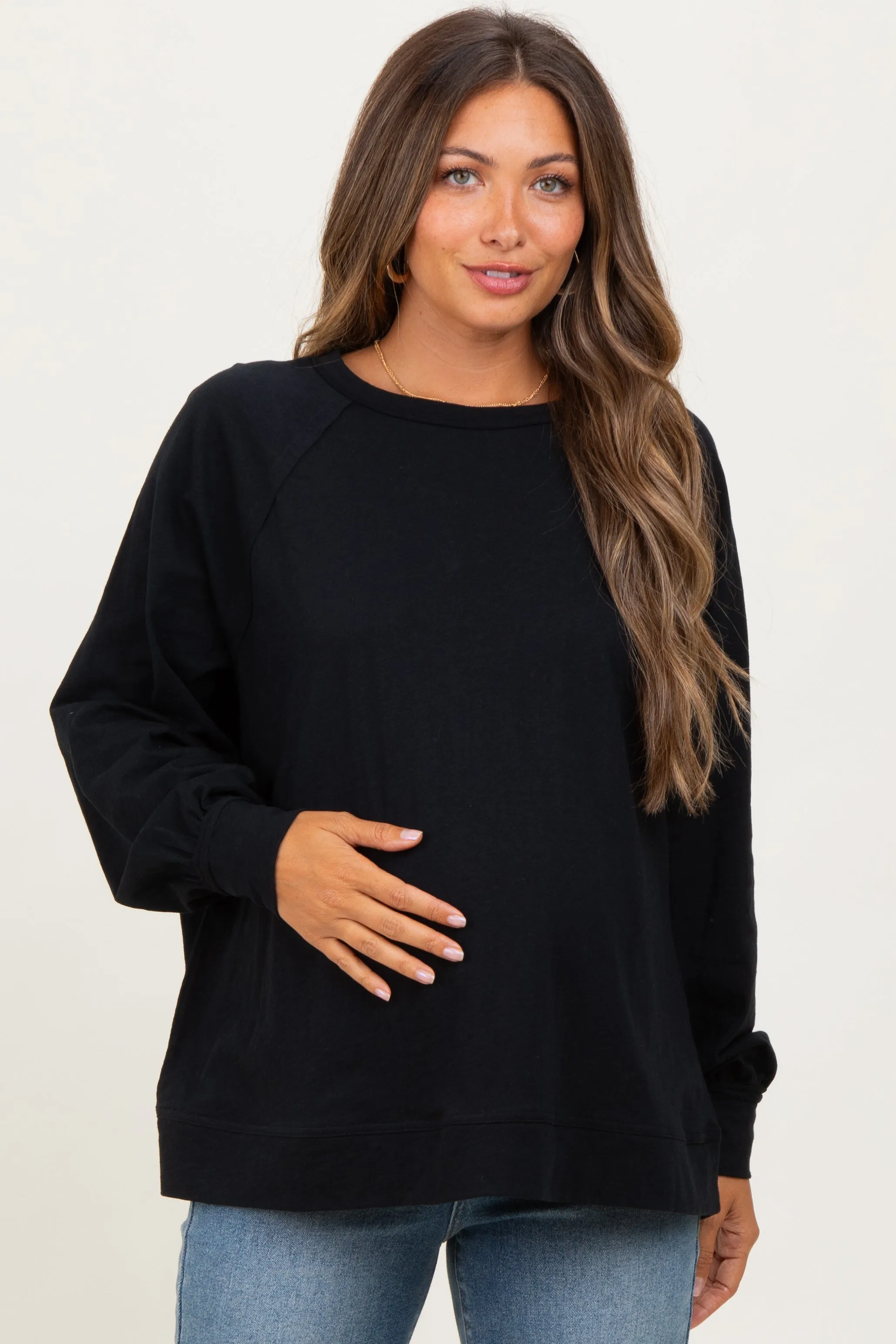 Black Oversized Cotton Slub Long Sleeve Maternity Top sold by Pinkblush