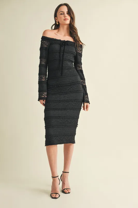 Black Lace Ruffle Tiered Off Shoulder Midi Dress sold by Pinkblush