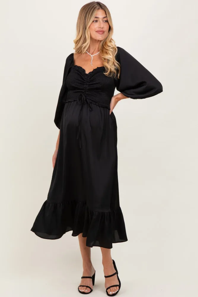 Black Satin Smocked Cinched Bust Maternity Midi Dress sold by Pinkblush