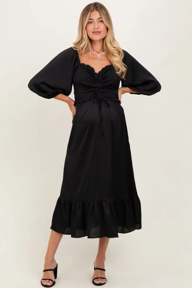 Black Satin Smocked Cinched Bust Maternity Midi Dress sold by Pinkblush product image thumbnail 2