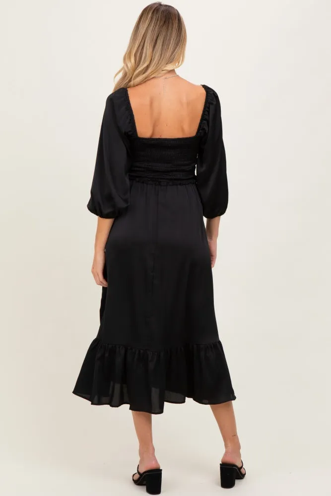 Black Satin Smocked Cinched Bust Maternity Midi Dress sold by Pinkblush product image thumbnail 3
