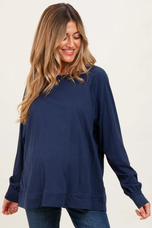 Navy Oversized Cotton Slub Long Sleeve Maternity Top sold by Pinkblush