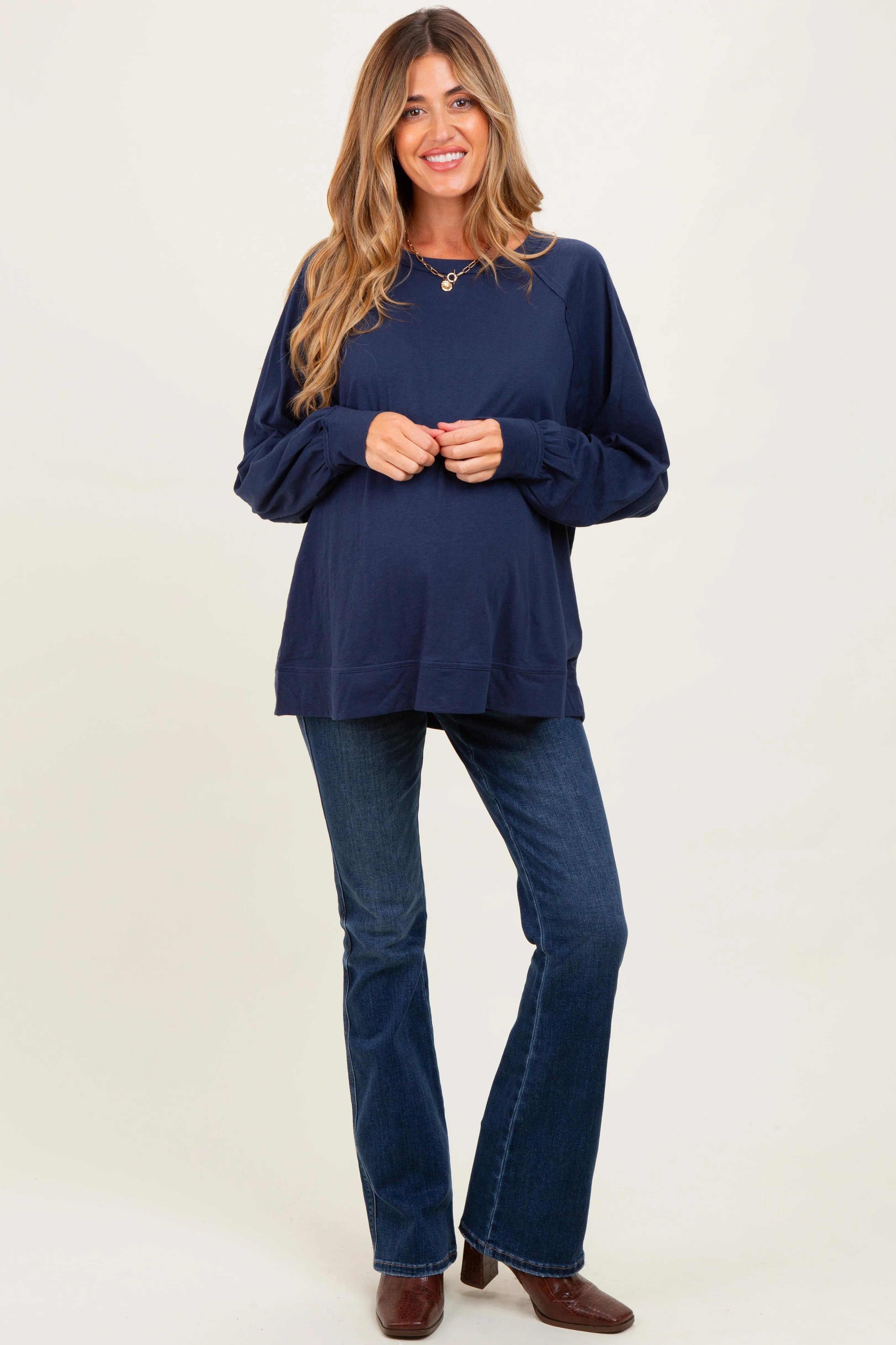 Navy Oversized Cotton Slub Long Sleeve Maternity Top sold by Pinkblush product image thumbnail 2