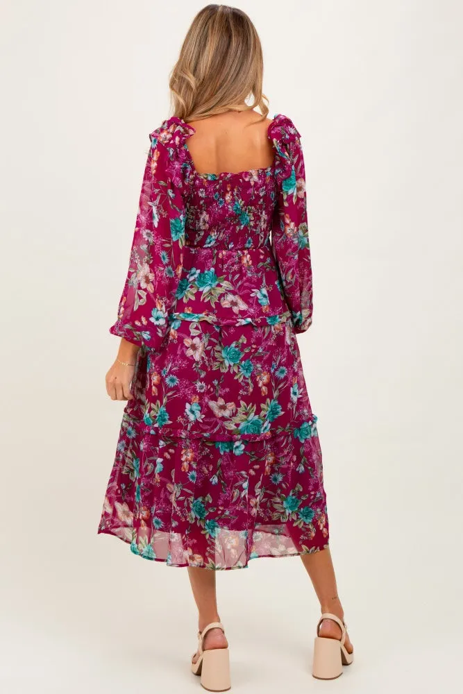 Burgundy Floral Chiffon Smocked Ruffle Tiered Maternity Midi Dress sold by Pinkblush product image thumbnail 3