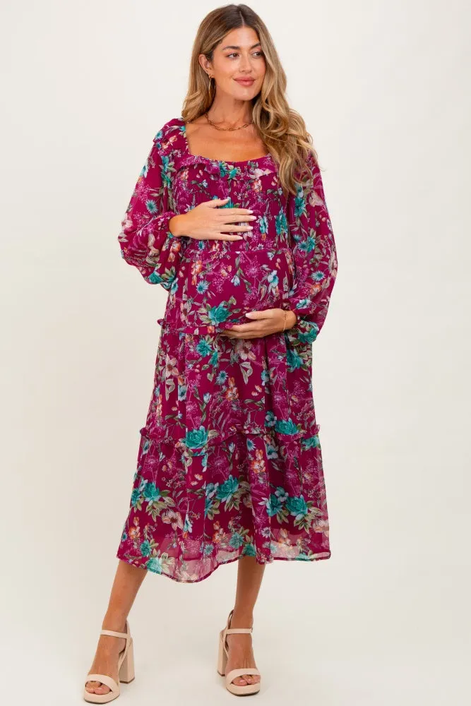 Burgundy Floral Chiffon Smocked Ruffle Tiered Maternity Midi Dress sold by Pinkblush