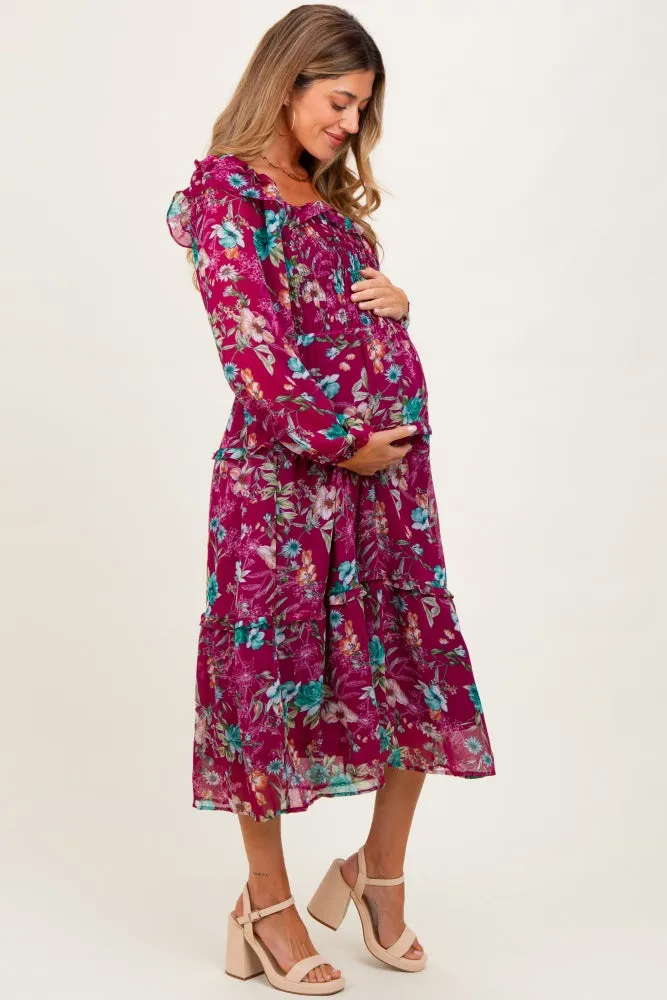 Burgundy Floral Chiffon Smocked Ruffle Tiered Maternity Midi Dress sold by Pinkblush product image thumbnail 2