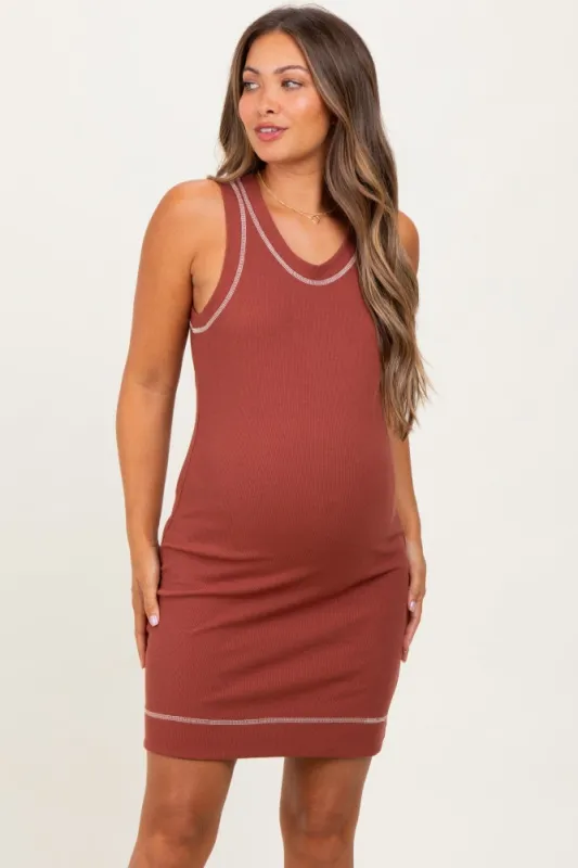 Rust Contrast Stitch Sleeveless Maternity Mini Dress sold by Pinkblush