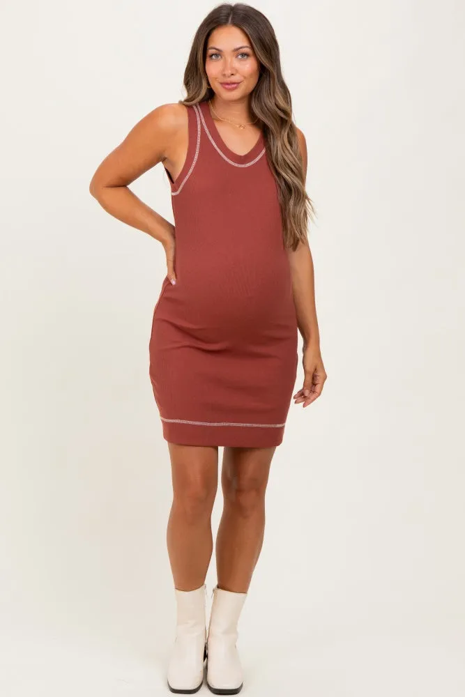 Rust Contrast Stitch Sleeveless Maternity Mini Dress sold by Pinkblush product image thumbnail 2